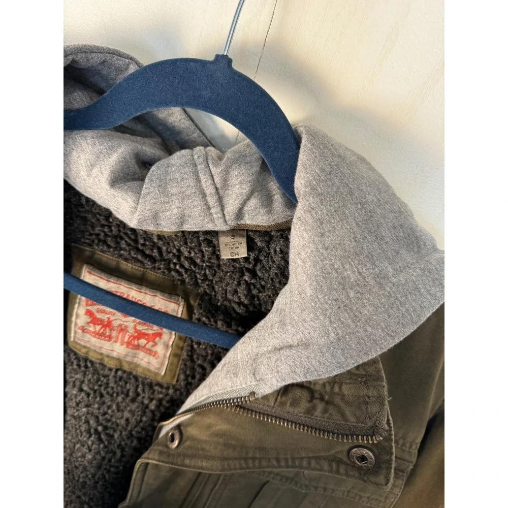 Levi's Mens Military Jacket Green‎ Olive Washed Cotton Sherpa Lined Hooded Small